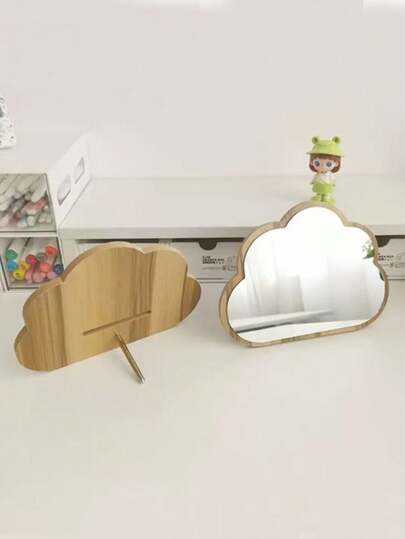 1 Peça Espelho de Maquiagem de Madeira, Espelho de Mesa em Formato de Nuvem, Espelho Portátil de Mão de Face Única Redonda, Espelho Portátil de Alça Longa Oval, Espelho de Maquiagem de Mesa com Desenho de Gato, Espelho de Alta Definição de Madeira para Mesa de Maquiagem para Dormitório de Estudante, Espelho Portátil Grande