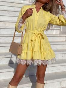 春夏法式海滩度假风流苏镂空蕾丝边喇叭袖宽松舒适系带腰身黄色长袖连衣裙，优雅 - 黃色 - 查看 3