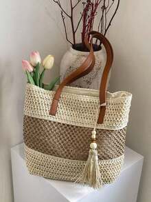 A New Stylish Vacation-Style Women's Beach Tote Bag, Lightweight Hand-Woven Straw Shoulder Bag With Contrasting Color Stripes And Tassel Decoration, Casual Woven Handbag With Zipper Closure, Perfect For Vacations And Travel, A Must-Have For Vacations, Beach Bag, Summer, Vacation, Woven Bag. - 米色 - 查看 6