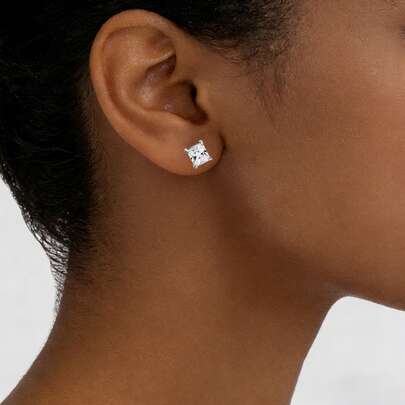 2件套时尚精致闪亮几何方形和圆形水钻夹式耳环，简约奢华百搭耳环