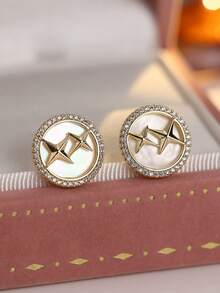 1对女士耳环，圆形星形耳钉，优雅设计，镶嵌合成锆石，时尚百搭，适合作为礼物和日常佩戴 - 耳環 - 查看 3