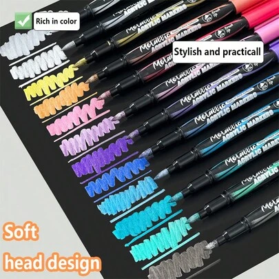 12 chiếc/12 màu. Bút dạ acrylic đầu mềm bóng kim loại. Lý tưởng cho học sinh và văn phòng, dùng để đánh dấu, viết nhật ký, vẽ và tô sáng. Hoàn hảo cho việc viết nhật ký, vẽ nguệch ngoạc, thư pháp và vẽ tranh. Một vật dụng cần thiết cho học sinh, đặc biệt là vào mùa tựu trường, và cho sinh viên mỹ thuật và những người thích vẽ.