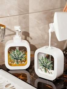 创意花卉设计可重复灌装按压瓶，适用于浴室，保湿洗手液分配器，浪漫花卉主题，浴室和厨房必备，百合花谷花束，优雅丝带，黑色背景 - 清新美丽的设计，适合水槽装饰，塑料材质，适用于洗手液、沐浴露、乳液等，创意乳液瓶，乳液分配器，分配器，浴室 - 彩色 - 查看 3