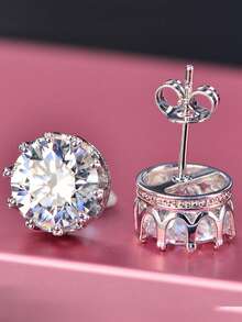 一对极简主义欧美风格仿莫桑石耳环，S925纯银立方氧化锆莫桑石四叶草水滴向日葵耳钉 - E186-耳環 - 查看 3