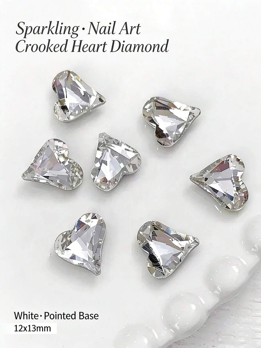 50pcs Crooked Heart Nail Rhinestones, Pointed Bottom Colorful Sparkling Heart & Heart K9 Glass Crystal Nail Art Decorations, Nail Accessories, Glitter Nails Nail Charms