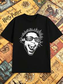 Maglietta nera con teschio grafico vintage, street hip-hop, traspirante, stampa statement - nero - Visualizzare 2