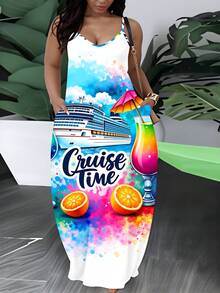 Cruise Time Summer Maxi Dress With Cruise Ship And Cocktail Print For Women Beach Vacation Outfit Casual Wear For Relaxing Holidays And Leisure Activities - 白色 - 查看 1