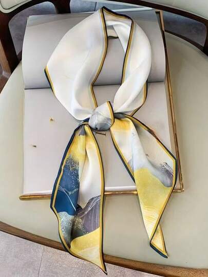 1pc Long Silk Scarf, Double-Sided Printed Silk-Feel Scarf, Suitable For Women In Spring, Summer And Autumn To Wear Around Neck, Pair With Shirts, Jeans, As Hair Tie Or Headband