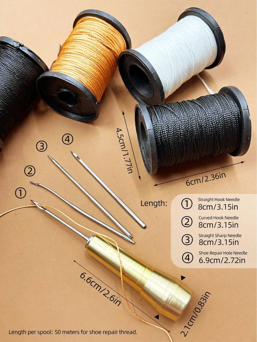 DIY Leather Repair Sewing Awl Set With Threading Function Copper Handle Awl, Paired With Nylon Thread And Thick Shoe Thread, Suitable For Shoe Repair, Leather Goods Refurbishment, Canvas Handmade And Home Decor DIY Projects, Essential For Leather Craft Enthusiasts And Home Repair - Shoe Repair Awl Set - View 1