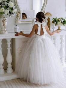 Váy công chúa lưới ngọc trai không tay cổ yếm nơ cho bé gái tuổi mới lớn, thích hợp cho tiệc sinh nhật, đám cưới, phù dâu, vũ hội, tiệc tùng, váy lễ hội cho dịp đặc biệt - trắng - Xem 1