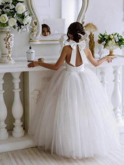 Tween Girl Sleeveless Neck Halter Bowknot Pearl Mesh Princess Dress, Suitable For Birthday Party, Wedding, Flower Girl, Prom, Party, Special Occasion Festival Dress