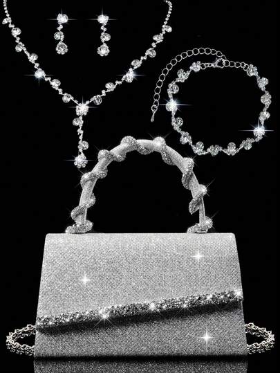 Túi vuông nhỏ lấp lánh, đính kim sa, sang trọng, bóng bẩy, trang trí đá quý lấp lánh, dây chuyền đính đá lấp lánh, túi xách nữ đính đá sang trọng mới, túi dự tiệc, ví cô dâu hoàn hảo cho đám cưới, đi kèm với bộ ba món đính đá lấp lánh, một chiếc vòng cổ, bông tai và vòng tay sang trọng, túi dự tiệc prom & party, túi ăn tối cho cô gái dự tiệc, phụ nữ.