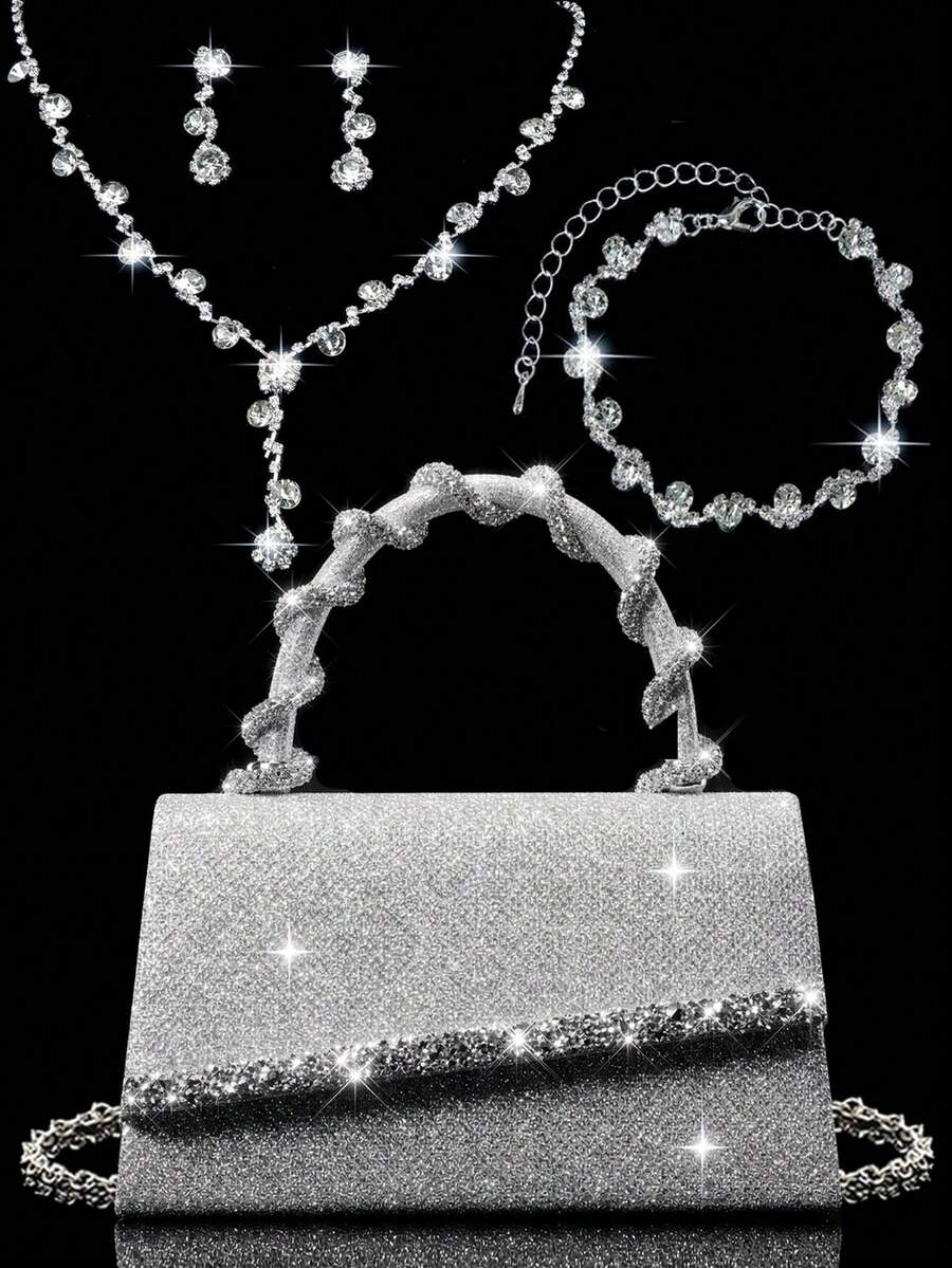 Bolsa de mão mini quadrada de luxo com lantejoulas brilhantes, bolsa de ombro feminina moderna com corrente e decoração de strass, conjunto perfeito para combinar com colar, brincos e pulseira de strass, ideal para festas, banquetes e encontros. - Prata - Ver 1