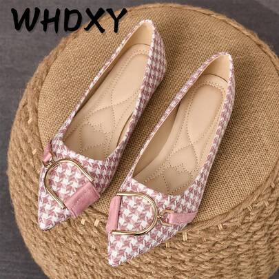 WHDXY 2026 New Houndstooth Pointed Toe Flat Shoes, Metal Buckle Slip-On Loafers, Soft Bottom Boat Shoes, Suitable For Workplace, Party, Daily Wear