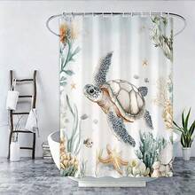 Bộ 4 món đồ dùng phòng tắm cao cấp họa tiết rùa san hô dưới nước, bao gồm rèm tắm, 12 móc nhựa, thảm chống trượt phòng tắm, nắp bồn cầu hình chữ U, phụ kiện trang trí phòng tắm hiện đại. - A - Xem 6