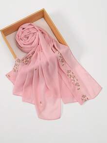 1条女士纯色花卉刺绣雪纺头巾，尺寸70x170厘米，柔软舒适，轻盈透气，用途广泛，长款设计，优雅的撞色刺绣，适合日常佩戴，四季皆宜。 - 彩色 - 查看 13