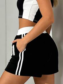 Navy Contrast Waistband Shorts, Soft Fabric, Loose Fit, Numeric Print & Striped Details For Casual American Vintage Vibe! Sports - Black - View 4