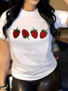 Plus Size Women's Strawberry Print Short Sleeve T-Shirt - Cute Fruit Round Neck Blouse, Casual Spring Summer Casual Attire, Machine Washable Strawberry Top For Women, Plus Size Women Clothes, Graphic Tees Women, Summer Outfits For Women, Festival Outfits, Vacation Outfits Women, Travel Essentials For Women - 白色 - 查看 2
