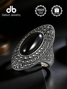 1pc S925 Sterling Silver Bohemian Mirror Polished Ring, Pave Set Black Stone Main Gemstone, Vintage Chic Design, Suitable For Daily, Commute, Party Wear, Stackable Jewelry, Great Gift For Valentine's Day, Mother's Day, Comes With Gift Box - Bohemian Style - View 4