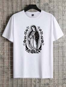 Camiseta de manga corta casual para hombre con estampado de la Virgen María - Blanco - Ver 2