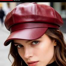 Women's PU Leather Newsboy Cap 8 Panel Paperboy Newsie Cap Bakerboy Beret Cabbie Hat, Fashionable Headwear - 酒紅色 - 查看 2