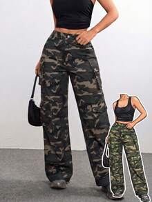 Women's Camo Print Wide-Leg Cargo Pants: Multi-Pocket Detail Piece For Edgy Streetwear Styling - xanh quân đội - Xem 7