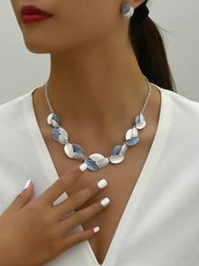 1 Necklace + 1 Pair Earrings Fashion Luxury Creative Metal Leaf Women Jewelry Set, Suitable For Daily Casual, Party, Music Festival, Beach Holiday Wear - Blue and Silver - View 2