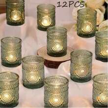 12 pezzi Portacandele in vetro verde vintage, adatti per la decorazione del tavolo da matrimonio, addio al nubilato, decorazione per feste, tea festa bohémien, bomboniere per matrimoni - verde - Visualizzare 13
