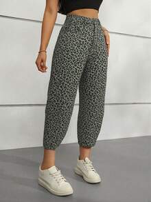 Jeans a palloncino con stampa leopardata curva, gamba ampia, 25 yard, stile Natale e Ognissanti - Jeans corti ampi - Verde Scuro - Visualizzare 4