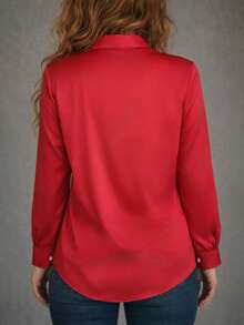 Women's Fashion Satin Lapel Shirt, Single-Breasted Pocket Commuter Blouse Spring - Red - View 2