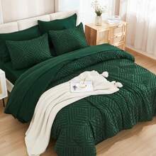 King Size Comforter Set 7 Pieces Dark Emerald Green - Bed in a Bag King Boho Lightweight Fluffy Tufted Bedding Sets with Quilt Comforter Sheets Pillowcases and Shams - Verde esmeralda - Ver 3