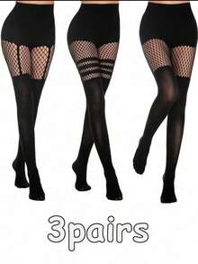 3 Pairs Sexy Hollow Dance Tights, Dense Mesh Stockings, Nightclub Queen Black Silk Sensual Fishnet Pantyhose - Multicolor - View 15