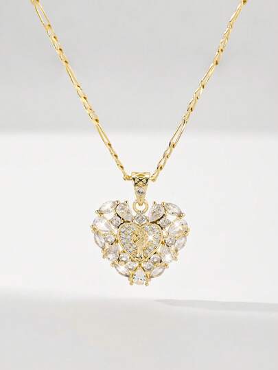  1pc Classic European And American Style Copper Inlaid Zirconia 's Protective Light Heart Pendant Necklace, Limited Edition, Suitable For Christmas/Thanksgiving/Halloween/Mother's Day/Valentine's Day Gifts, Catholic First Communion, Daily And Festival Wear, Prayer