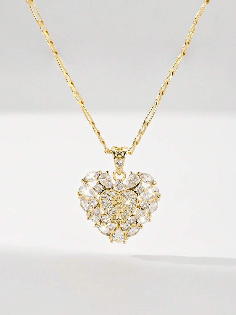 1pc Classic European And American Style Copper Inlaid Zirconia 's Protective Light Heart Pendant Necklace, Limited Edition, Suitable For Christmas/Thanksgiving/Halloween/Mother's Day/Valentine's Day Gifts, Catholic First Communion, Daily And Festival Wear, Prayer - Yellow Gold - View 1