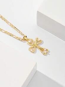 1pc Classic European & American Style Copper Inlaid Zirconia Small Hollow Cross Jesus Pendant Necklace, Limited Edition, Suitable For Christmas/Thanksgiving/Halloween/Mother's Day/Valentine's Day Gifts, Catholic First Communion, Daily & Holiday Wear, Prayer - Yellow Gold - View 3