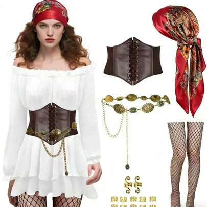 1/12/15/16pcs Pirate Costume Accessories Set, Including Headband, Belt, Vintage Gold Waist Chain, Fishnet Stockings, Hair Scrunchies, Suitable For Halloween Cosplay, Masquerade, Festivals And Daily Fashion