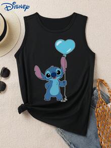 Disney 1件女士拼接印花吊带背心，时尚女士背心，圆领弹力面料，适合日常穿着，易护理面料，休闲女士背心 - 黑色 - 查看 1