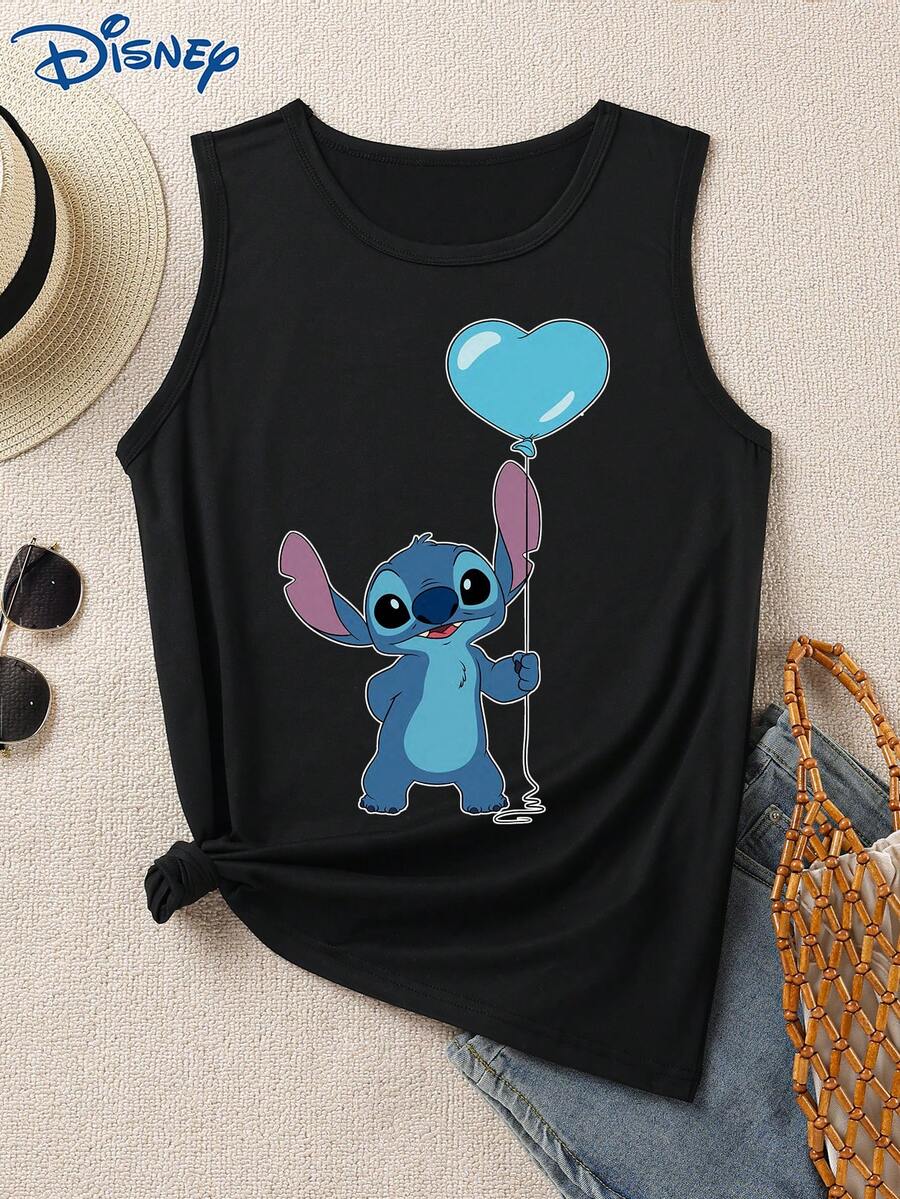 Disney 1件女士拼接印花吊带背心，时尚女士背心，圆领弹力面料，适合日常穿着，易护理面料，休闲女士背心 - 黑色 - 查看 1