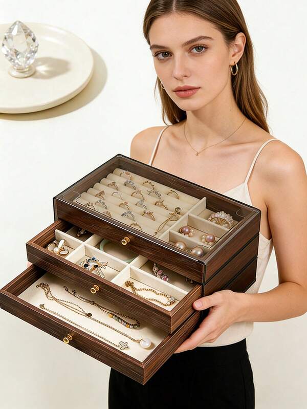1pc Luxury Black Walnut Jewelry Box, 3-Layer Wooden Jewelry Storage Box, Drawer Style Jewelry Case, Acrylic Jewelry Organizer, Classic & Retro Style High-End Walnut 3-Tier Jewelry Box, Large Capacity Storage