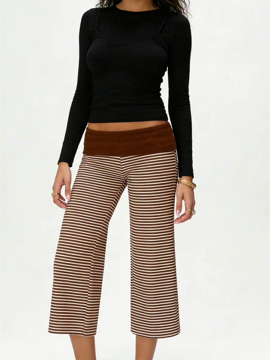 Women's Fold Over Waist Capri Fashionable Casual Solid Color Low Rise Wide Leg Crop Pants - 巧克力棕 - 查看 1