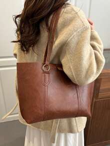 大容量多口袋单肩手提包，休闲女士大包，尺寸32*12*28厘米，可装笔记本电脑，简约时尚休闲度假 - 棕色 - 查看 2