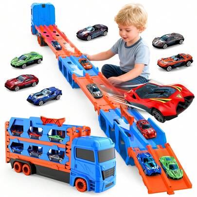 1 pieza Juguete de camión de transporte transformable, incluye 6 piezas de juguetes de coche de aleación, lanzador de acrobacias plegable, función de almacenamiento plegable, camión de transporte con doble pista deslizante, juguete de pista de carreras de coches, adecuado como regalo para niños y niñas de 3 a 6+ años, juego de niños, juguete infantil, juguete para bebés, regalo de Navidad, regalo de vuelta al colegio