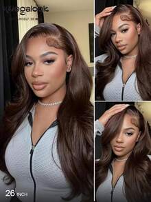 MEGALOOK 无胶13x6 Three-Go™蕾丝前假发，18-30英寸真人发，自然波浪卷，巧克力棕色，预漂白，预拔毛，预剪蕾丝，融合蕾丝，自然发际线，适合新手日常佩戴 - S4 - 查看 3