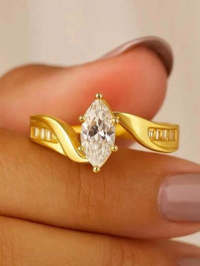 1 chiếc nhẫn đồng hình mắt ngựa đính đá Cubic Zirconia thời trang, thích hợp cho nữ giới đeo hàng ngày, đám cưới, lễ đính hôn, ngày Valentine, quà tặng dự tiệc.