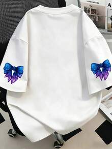 Camiseta de manga corta con cuello redondo y estampado de mariposas, de talla grande y estilo casual de verano, en color blanco - Blanco - Ver 2