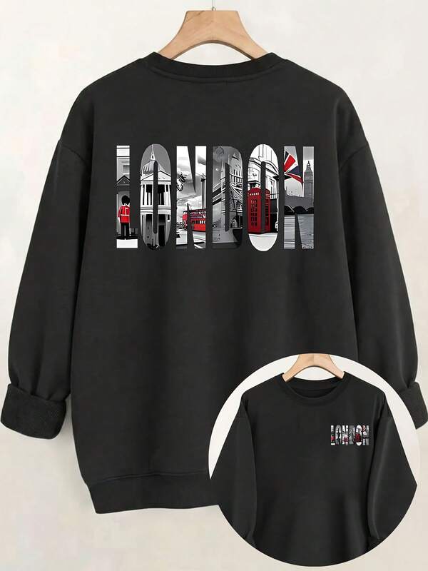 Hoodie For Women [Double-Sided Print] A Casual Long-Sleeve Pullover Suitable For Spring And Summer Seasons, Featuring A Round Neck With The Letter "LONDON" Embedded With London Landmark Architectural Patterns. Women's Clothing, Ladies' Apparel2026- Spring, Y2k, Tops, Black Jumper, Maija