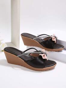 Women's Fashion Wedge Heel Slippers, Soft Bottom Bowknot Rhinestone Comfortable Casual Slip-On Sandals - Black - View 6