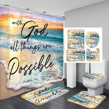 1pc/4pcs Beach Scenery Pattern Bathroom Decor Shower Curtain Set, Free 12 Hooks Included, Elegant Holiday Atmosphere, Bathroom Mat, U-Shaped Floor Mat And Round Toilet Mat, Suitable For All Scenarios Bathroom Set - Beach Text - View 1