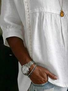 Women's Casual V-Neck Blouse, 3/4 Sleeve, Regular Length, Polyester Fabric, Spring/Summer White - White - View 5
