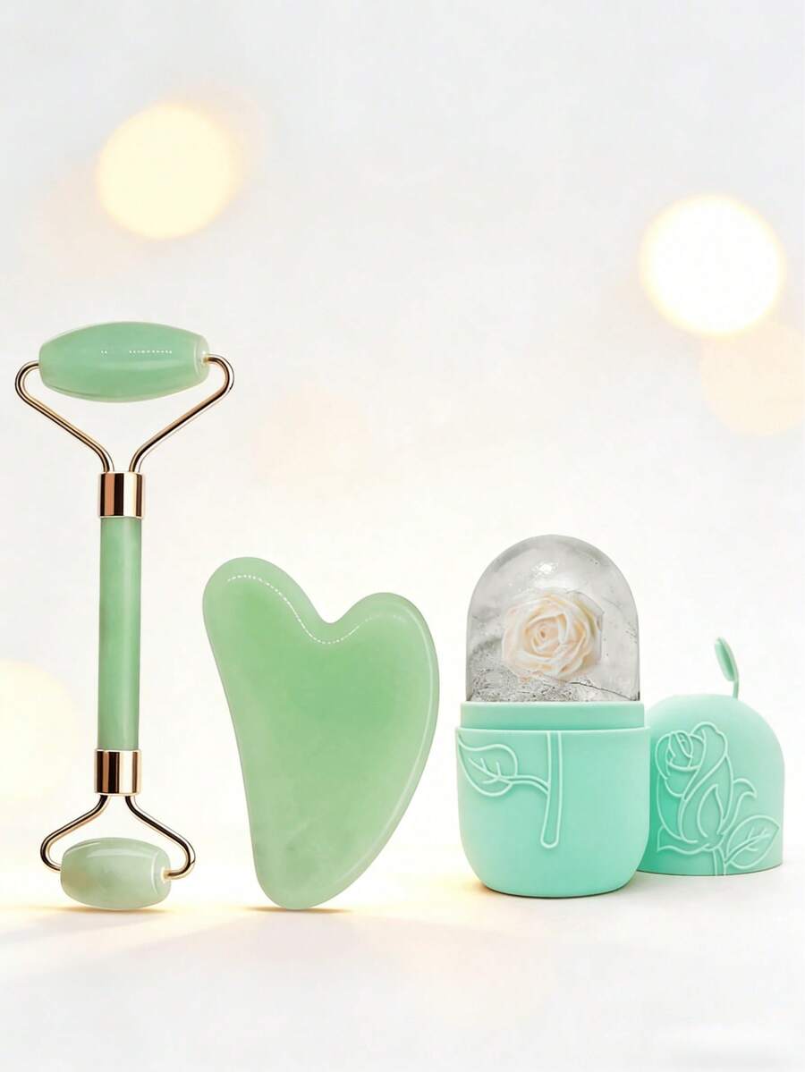 1/2/3pcs Set Ice Face Roller + Stainless Steel Gua Sha Board + Cloth Flannel Bag - Facial Skin Care Ice Roller Set, Facial Massage Tools, Silicone Ice Face Roller, Ice Roller, Stainless Steel Gua Sha Board, For Relieving Face And Eye Puffiness - Green - View 1